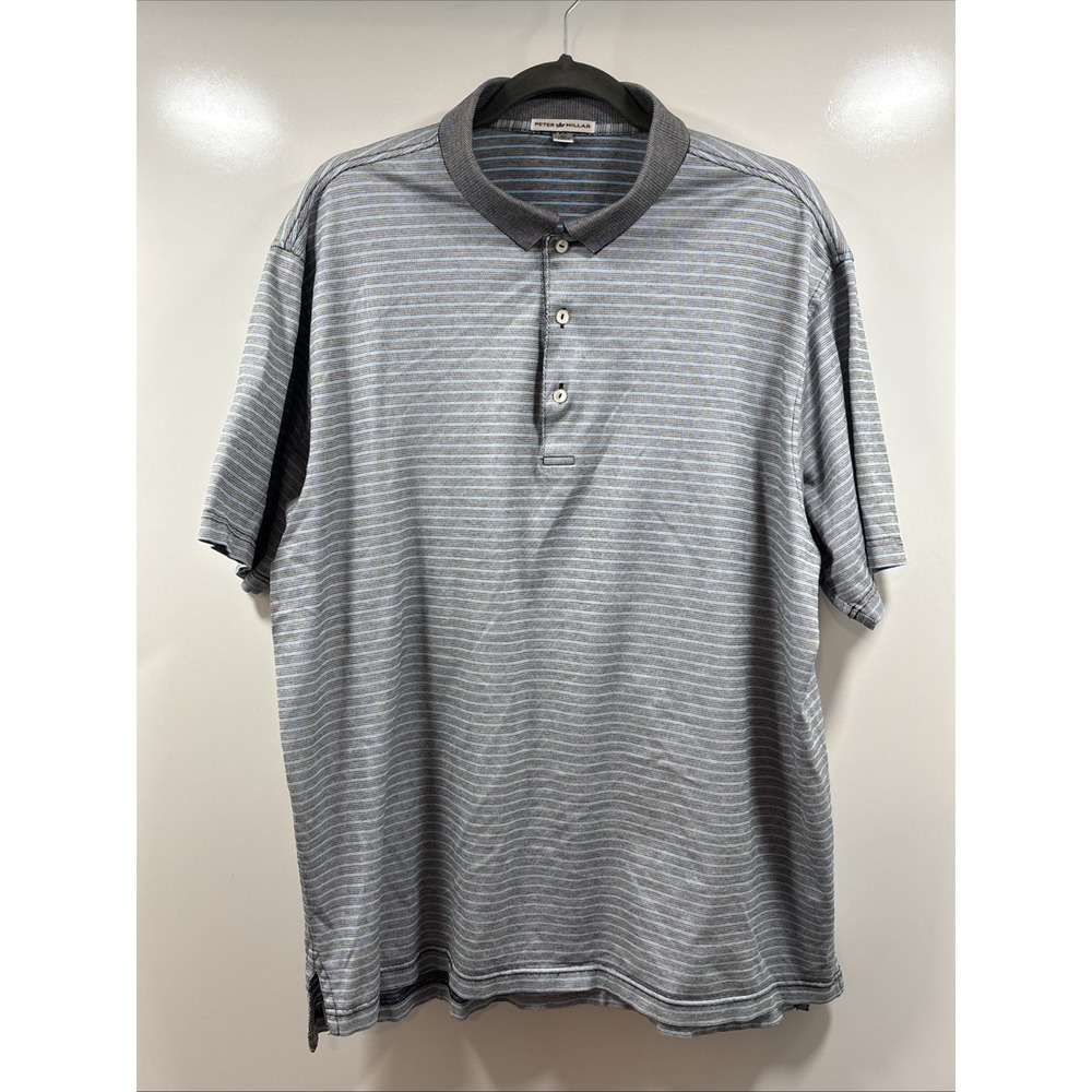 Peter Millar Polo‎ Shirt Men's Size XL Light Blue Black  Striped Cotton